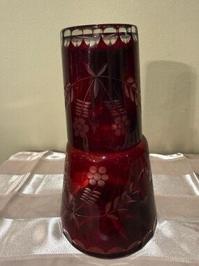Vintage Bohemian Ruby Red Cut to Clear Bedside Carafe & Glass Tumble Up